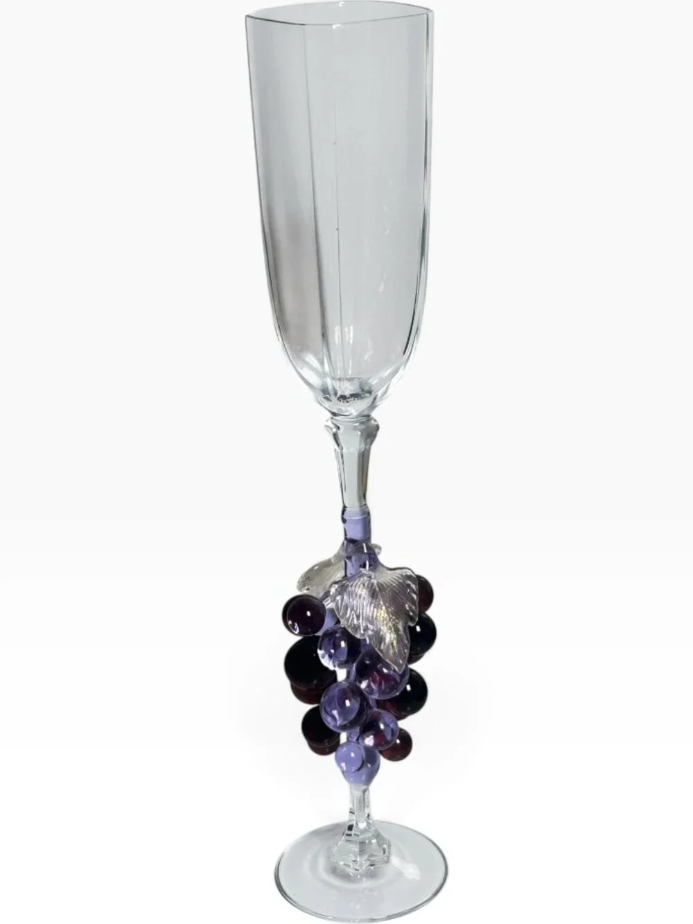 Vintage Murano Style Art Glass Champagne Flute Purple Grape Stem Paneled Shape